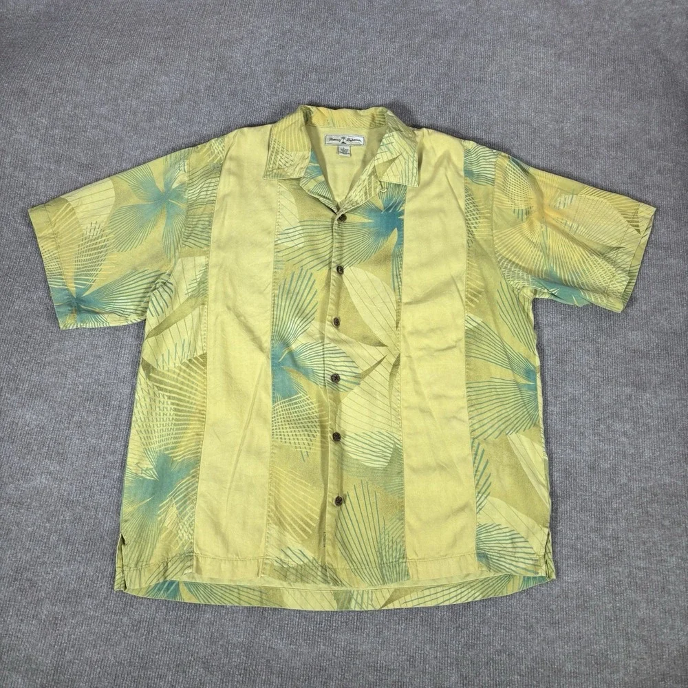 Tommy Bahama Shirt Mens L Yellow‎ 100% Silk Tropical Palm Floral Camp Hawaiian